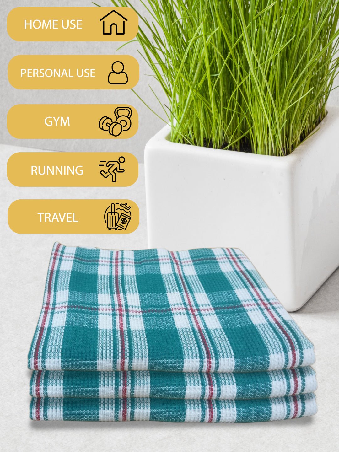 Athom Living Premium Gamcha Bath Towel 75 x 150 cm Pack of 3 White with Bottle Green checkered - Athom Living