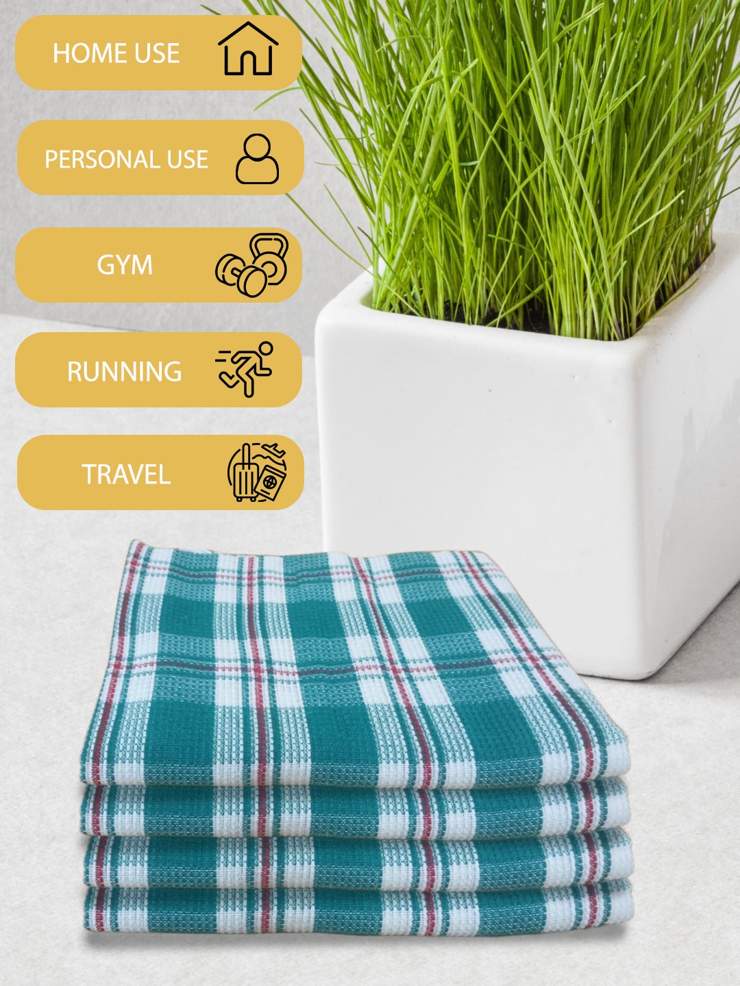 Athom Living Premium Gamcha Bath Towel 75 x 150 cm Pack of 4 White with Bottle Green checkered - Athom Living