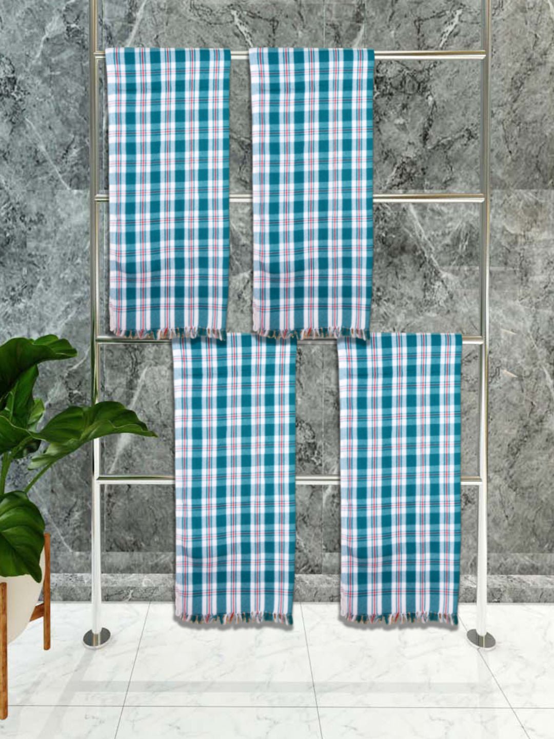 Athom Living Premium Gamcha Bath Towel 75 x 150 cm Pack of 4 White with Bottle Green checkered - Athom Living