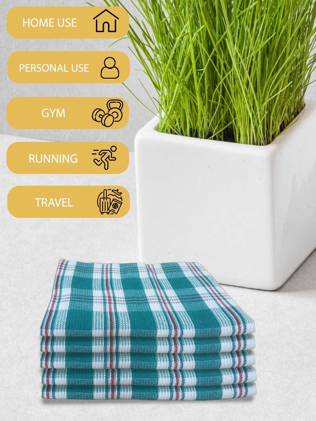 Athom Living Premium Gamcha Bath Towel 75 x 150 cm Pack of 5 White with Bottle Green checkered - Athom Living