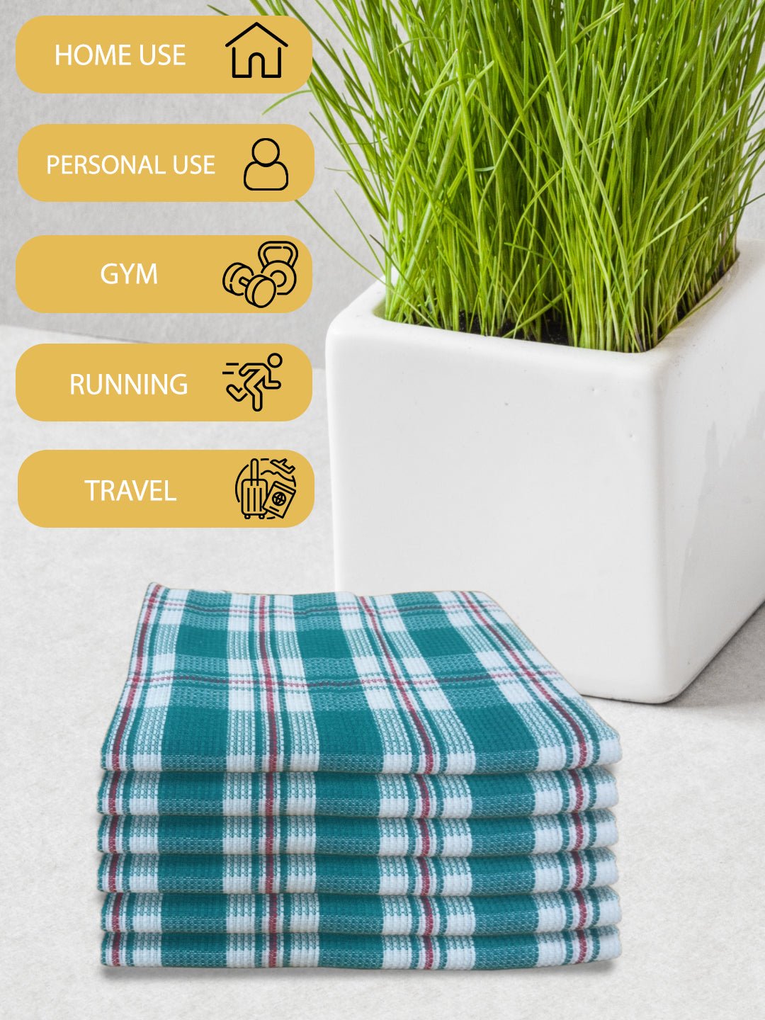 Athom Living Premium Gamcha Bath Towel 75 x 150 cm Pack of 6 White with Bottle Green checkered - Athom Living