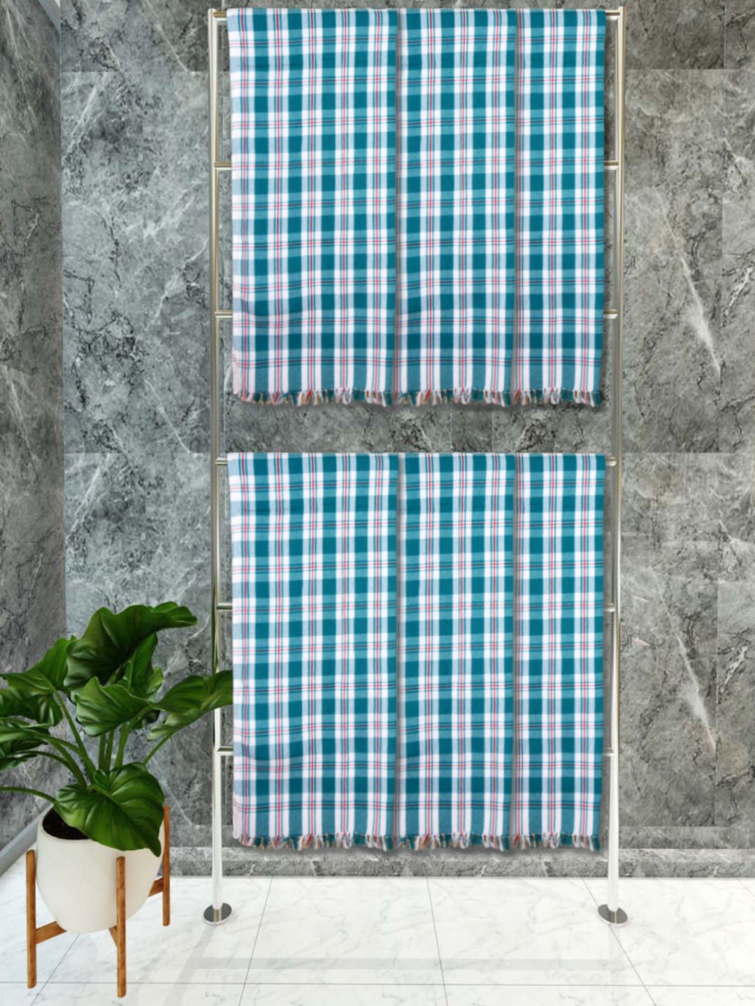 Athom Living Premium Gamcha Bath Towel 75 x 150 cm Pack of 6 White with Bottle Green checkered - Athom Living