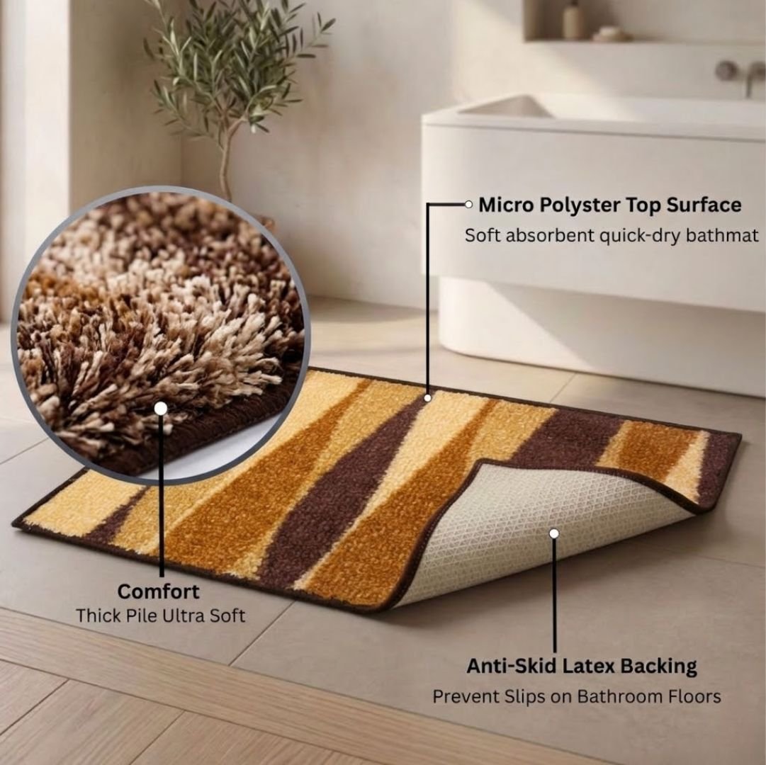 Beige Micro Designer Soft Anti Slip Bath Mat Set of 2 by Athom Living - Athom Living