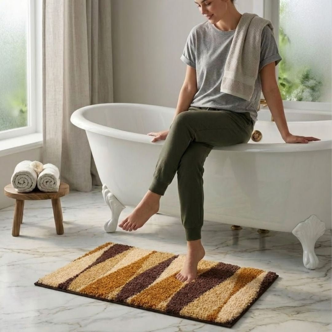 Beige Micro Designer Soft Anti Slip Bath Mat Set of 3 by Athom Living - Athom Living