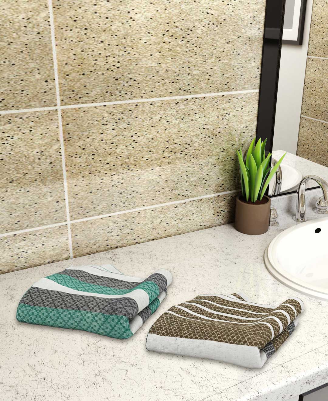 Beige & Sea Green Light Weight Premium Cotton Bath Towel (Pack of 2) by Athom Living - Athom Living