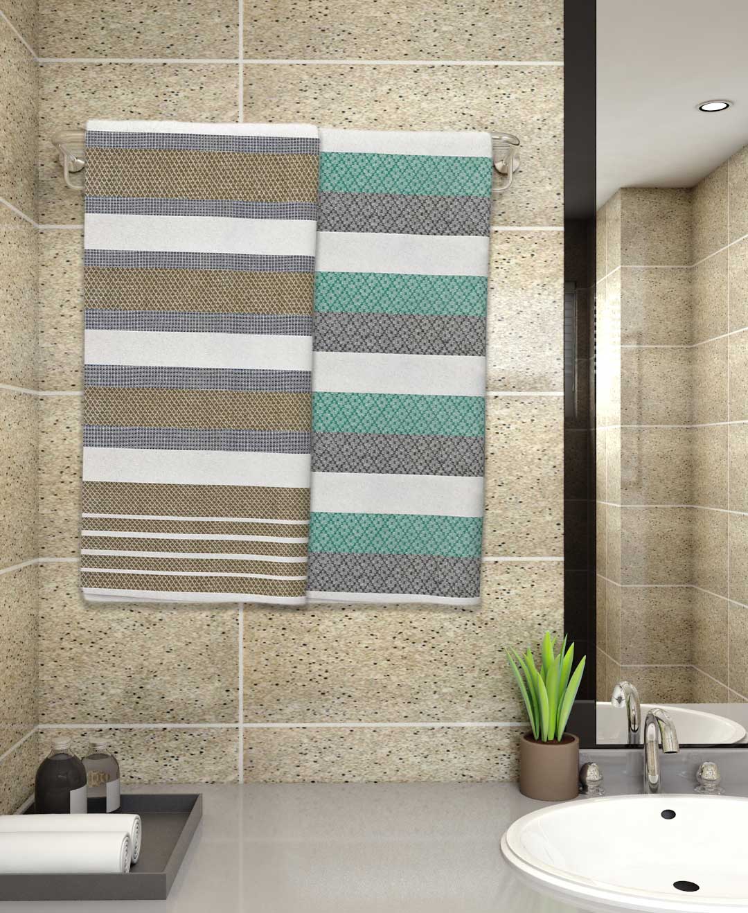 Beige & Sea Green Light Weight Premium Cotton Bath Towel (Pack of 2) by Athom Living - Athom Living
