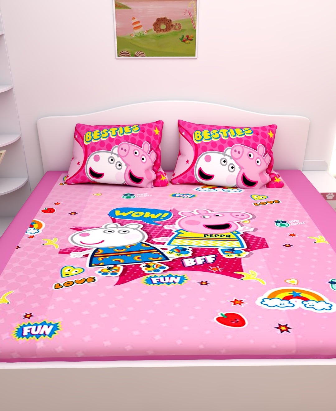 Besties Peppa Pig Cotton Kids Double Bedsheet with 2 Pillow Cover by Athom Living - Athom Living