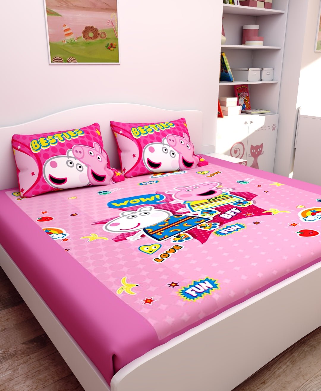 Besties Peppa Pig Cotton Kids Double Bedsheet with 2 Pillow Cover by Athom Living - Athom Living