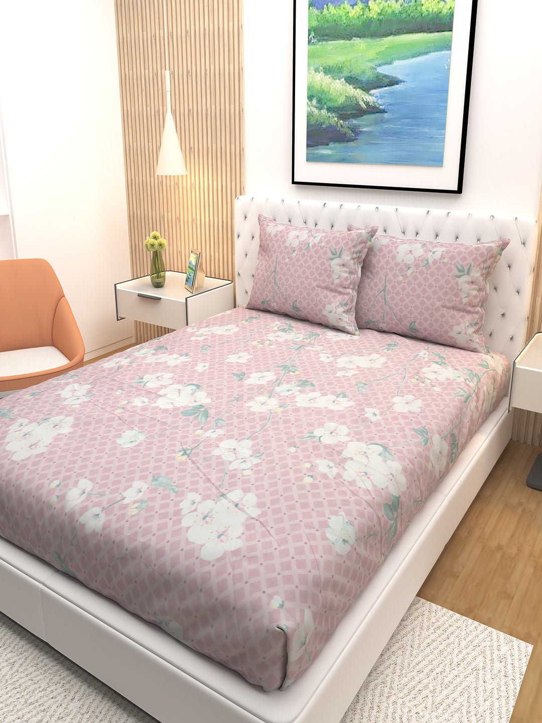 Bloom Pink Floral Double Bedsheet with 2 Pillow Covers by Athom Living - Athom Living