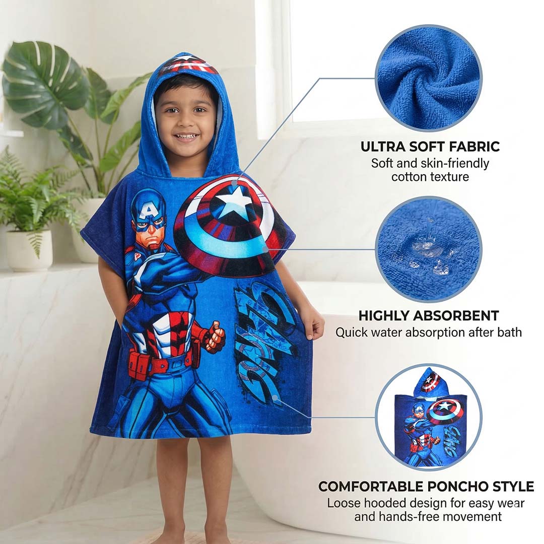 Blue Captain America Hooded Poncho Towel for Kids by Athom Living - Athom Living