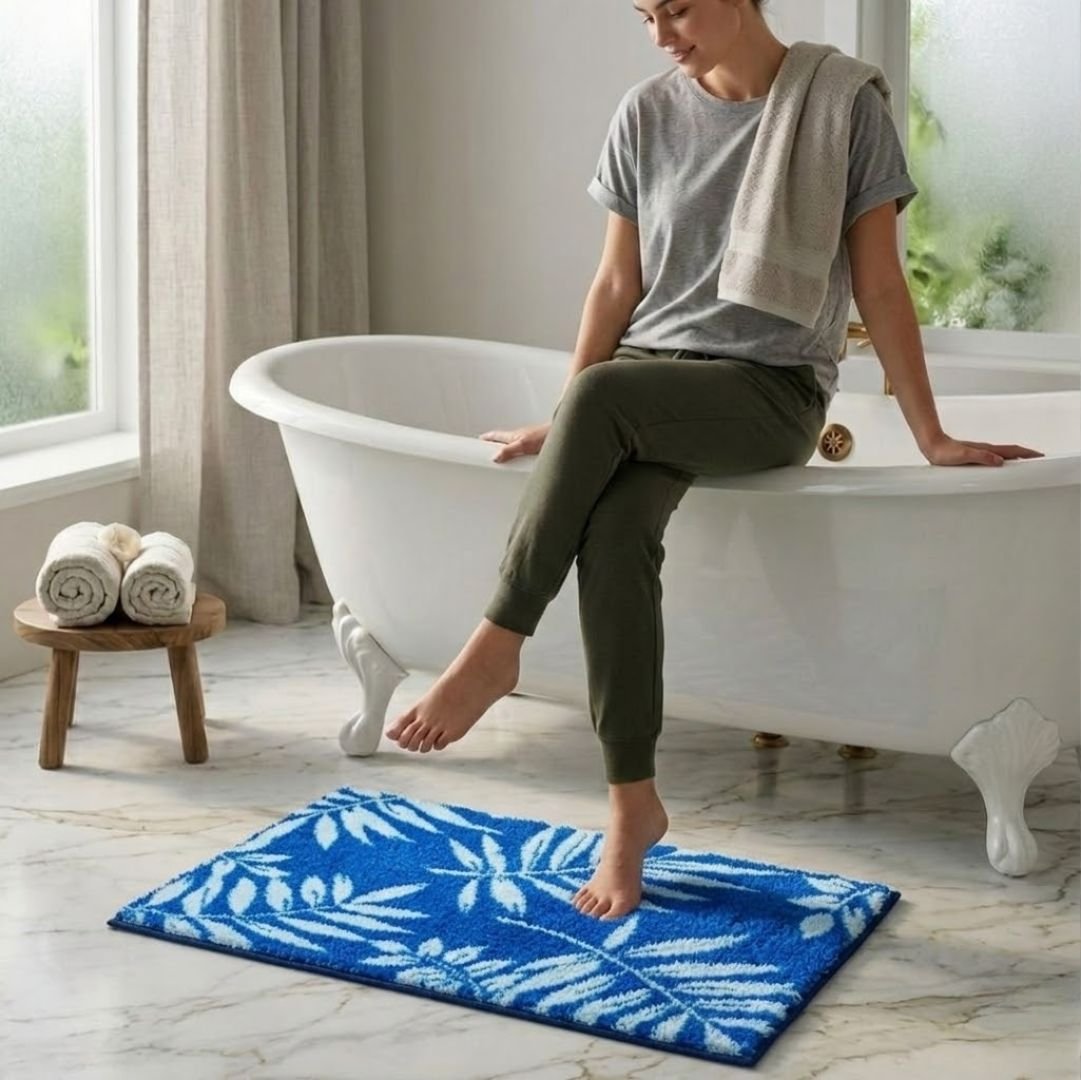 Blue Leaf Soft Anti - Slip Micro Bath Mat by Athom Living - Athom Living