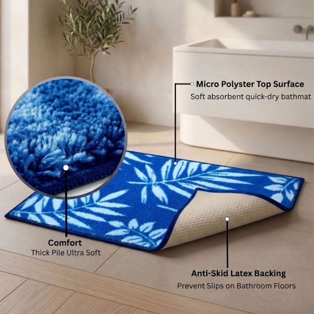 Blue Leaf Soft Anti - Slip Micro Bath Mat by Athom Living - Athom Living