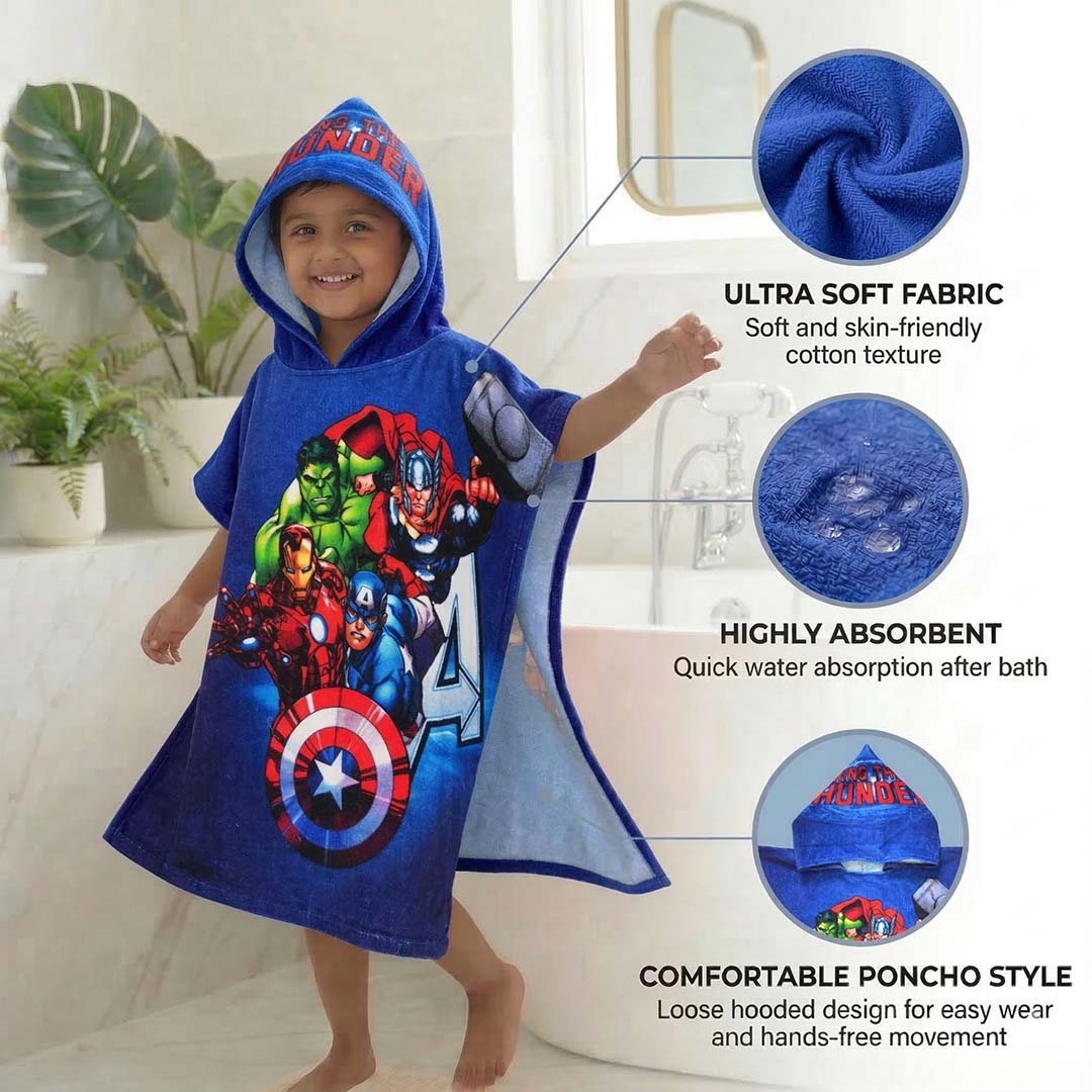 Blue Marvel Avengers Hooded Poncho Towel for Kids by Athom Living - Athom Living