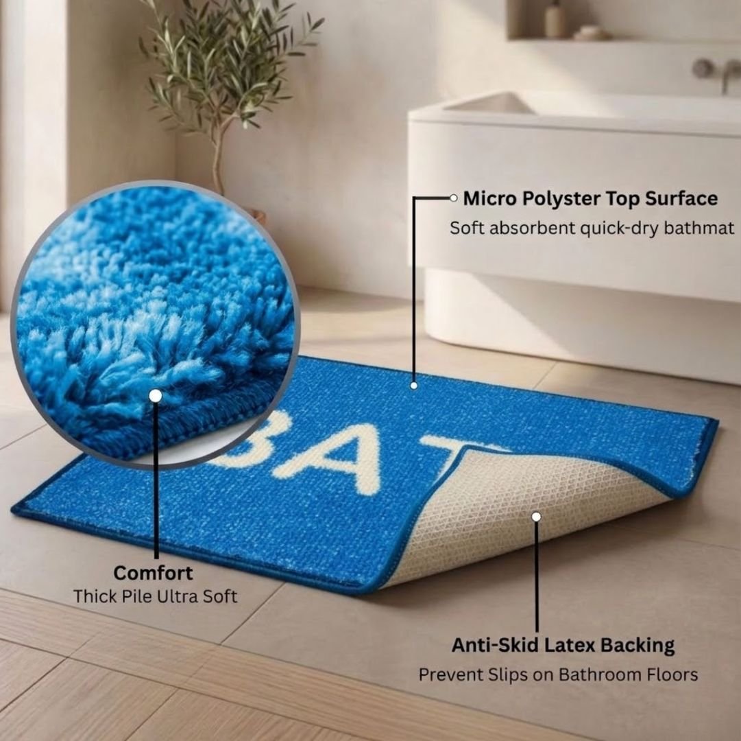 Blue Micro Designer Anti - Slip Soft Bath Mat Set of 3 by Athom Living - Athom Living