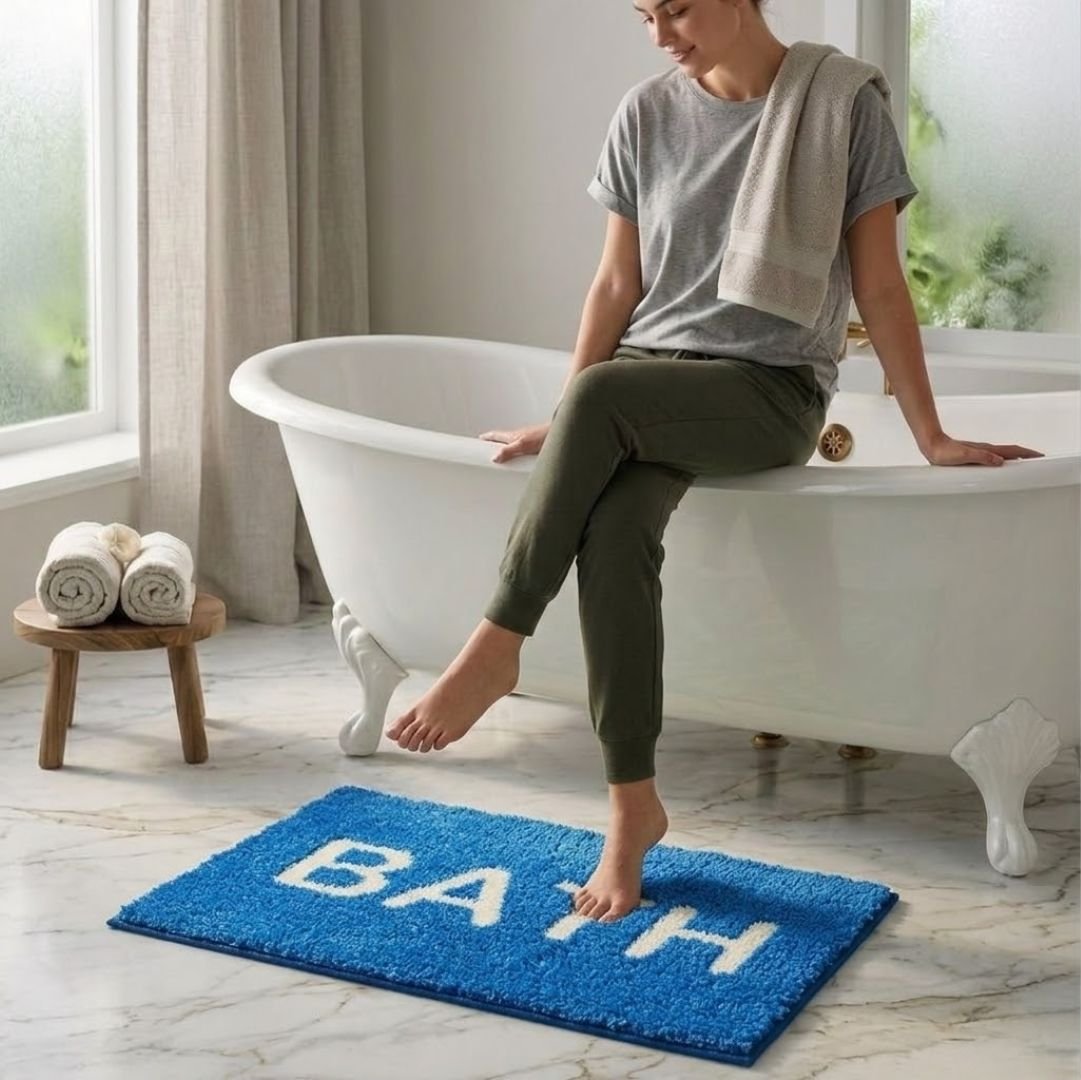 Blue Micro Designer Anti - Slip Soft Bath Mat Set of 3 by Athom Living - Athom Living