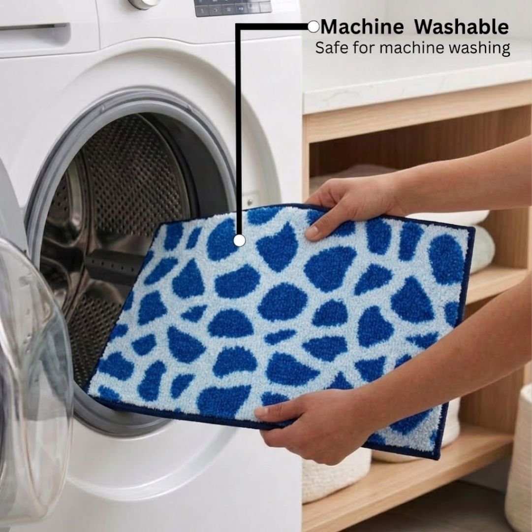 Blue Patches Micro Designer Soft Anti Slip Bath Mat Set of 2 by Athom Living - Athom Living