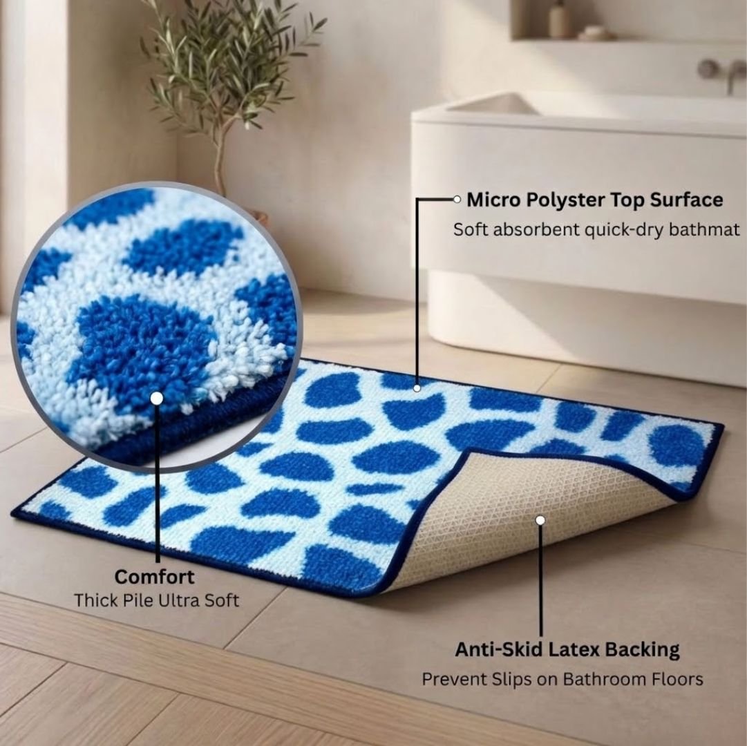 Blue Patches Micro Designer Soft Anti Slip Bath Mat Set of 2 by Athom Living - Athom Living
