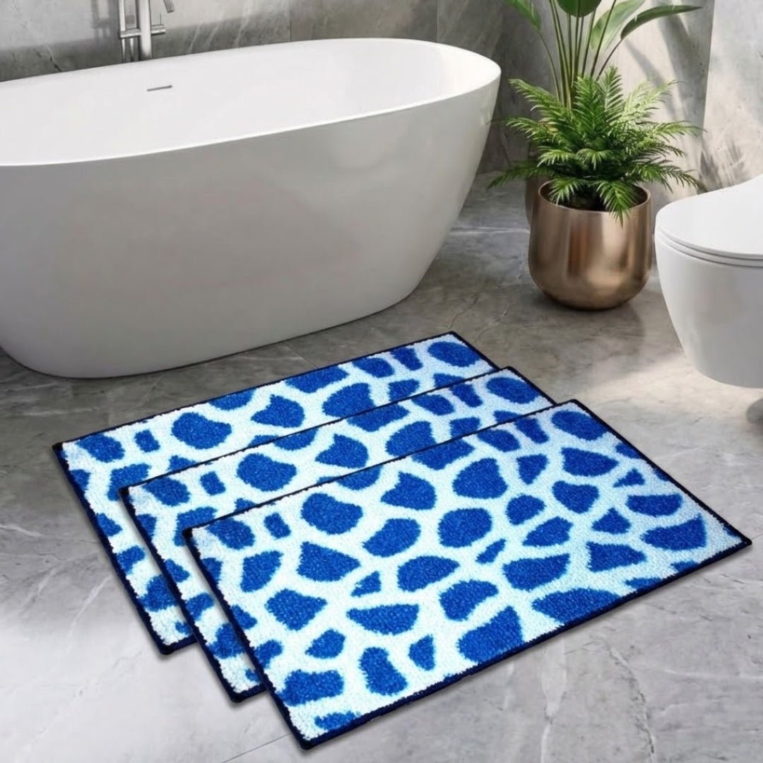 Blue Patches Micro Designer Soft Anti Slip Bath Mat Set of 3 by Athom Living - Athom Living