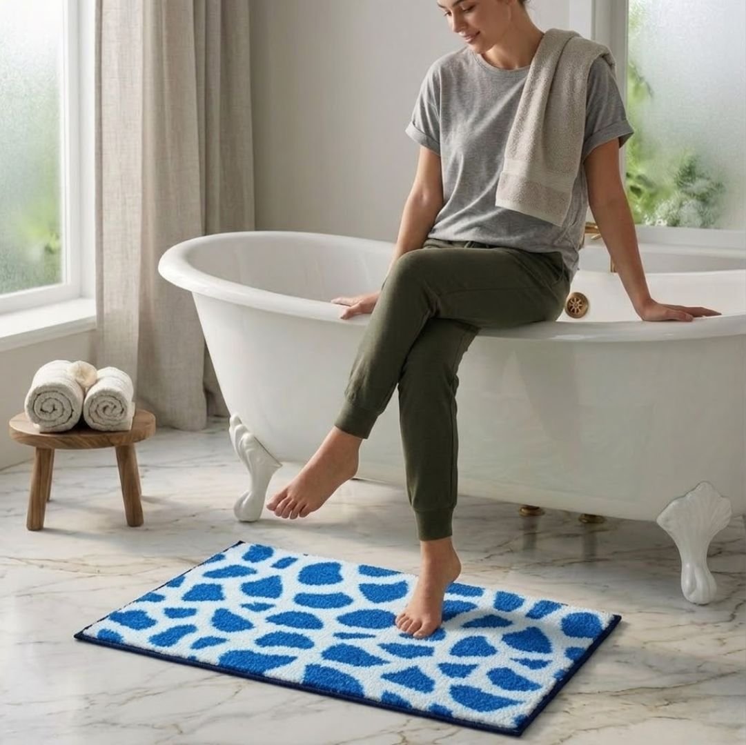 Blue Patches Micro Designer Soft Anti Slip Bath Mat Set of 3 by Athom Living - Athom Living
