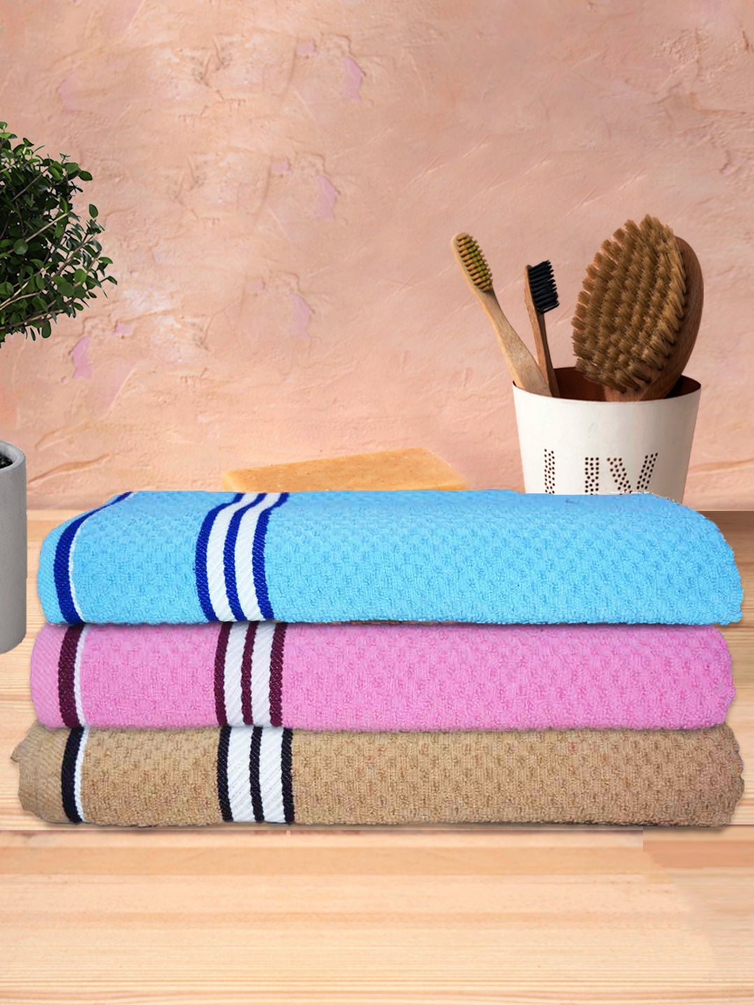 Blue Pink Brown Popcorn Textured Solid Bath Towel (Pack of 3) by Athom Living - Athom Living