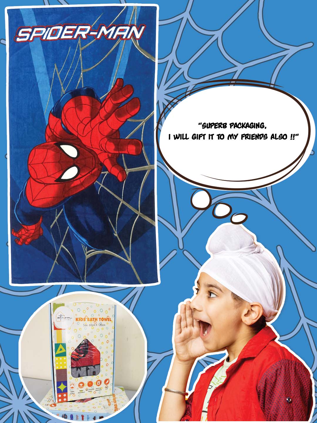 Blue Spiderman Kids Cotton Bath Towel Soft & Absorbent by Athom Living - Athom Living