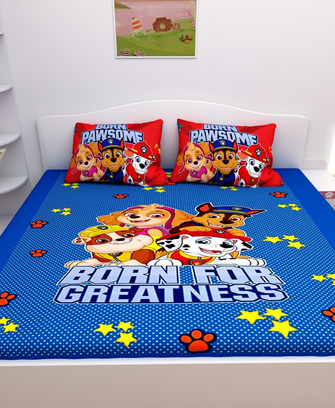 Born For Greatness Paw Patrol Cotton Kids Double Bedsheet with 2 Pillow Cover by Athom Living - Athom Living