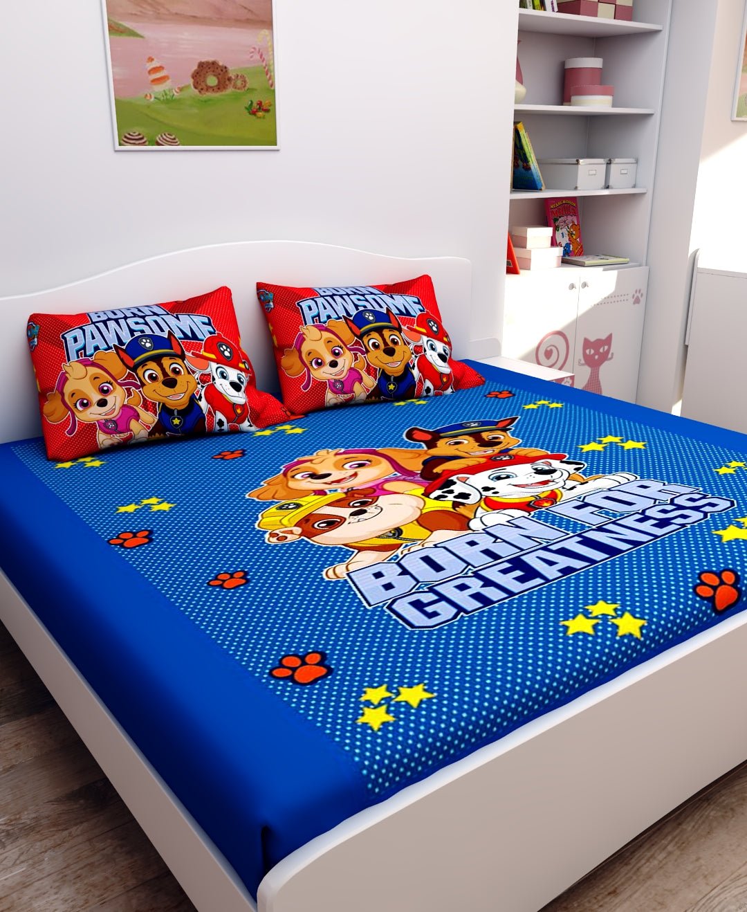 Born For Greatness Paw Patrol Cotton Kids Double Bedsheet with 2 Pillow Cover by Athom Living - Athom Living