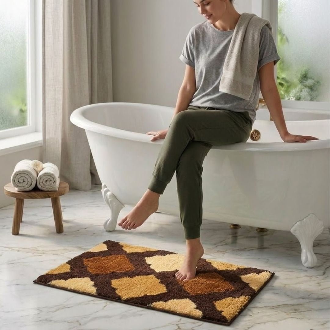 Brown & Beige Micro Designer Soft Anti Slip Bath Mat by Athom Living - Athom Living