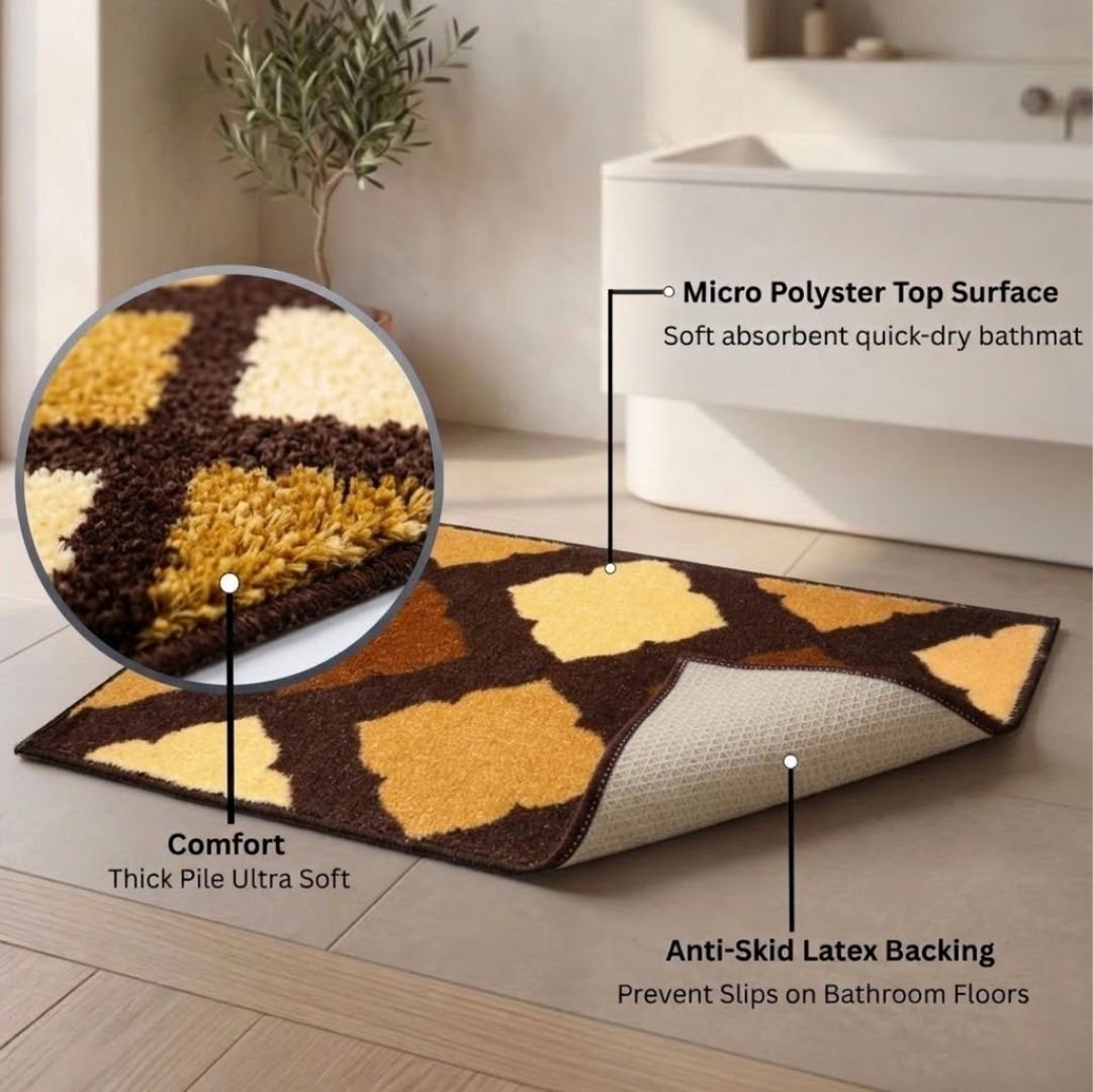 Brown & Beige Micro Designer Soft Anti Slip Bath Mat by Athom Living - Athom Living
