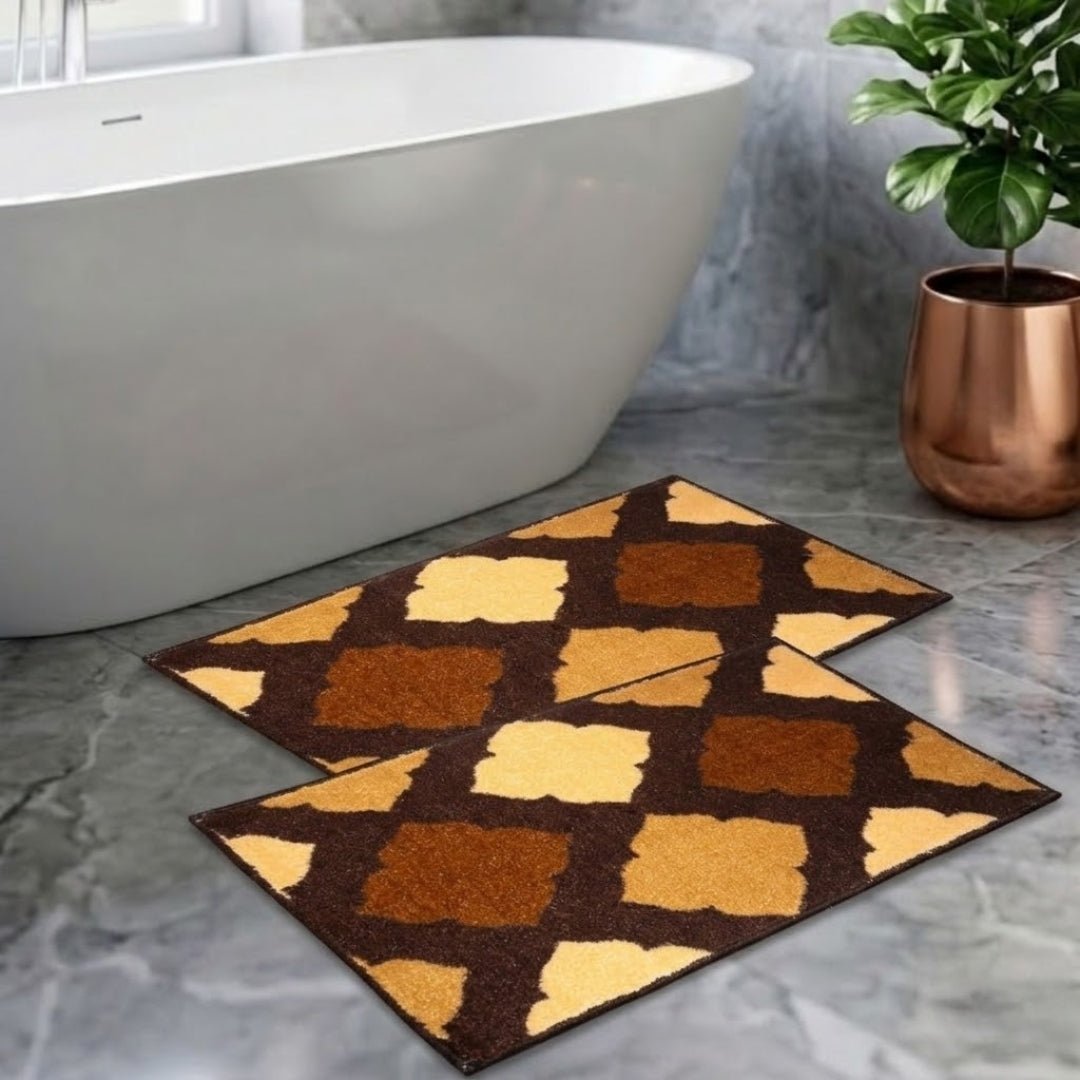 Brown & Beige Micro Designer Soft Anti Slip Bath Mat Set of 2 by Athom Living - Athom Living