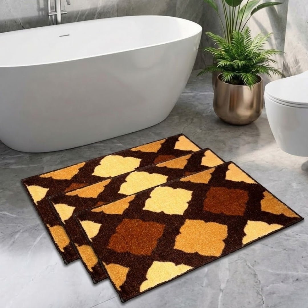 Brown & Beige Micro Designer Soft Anti Slip Bath Mat Set of 3 by Athom Living - Athom Living