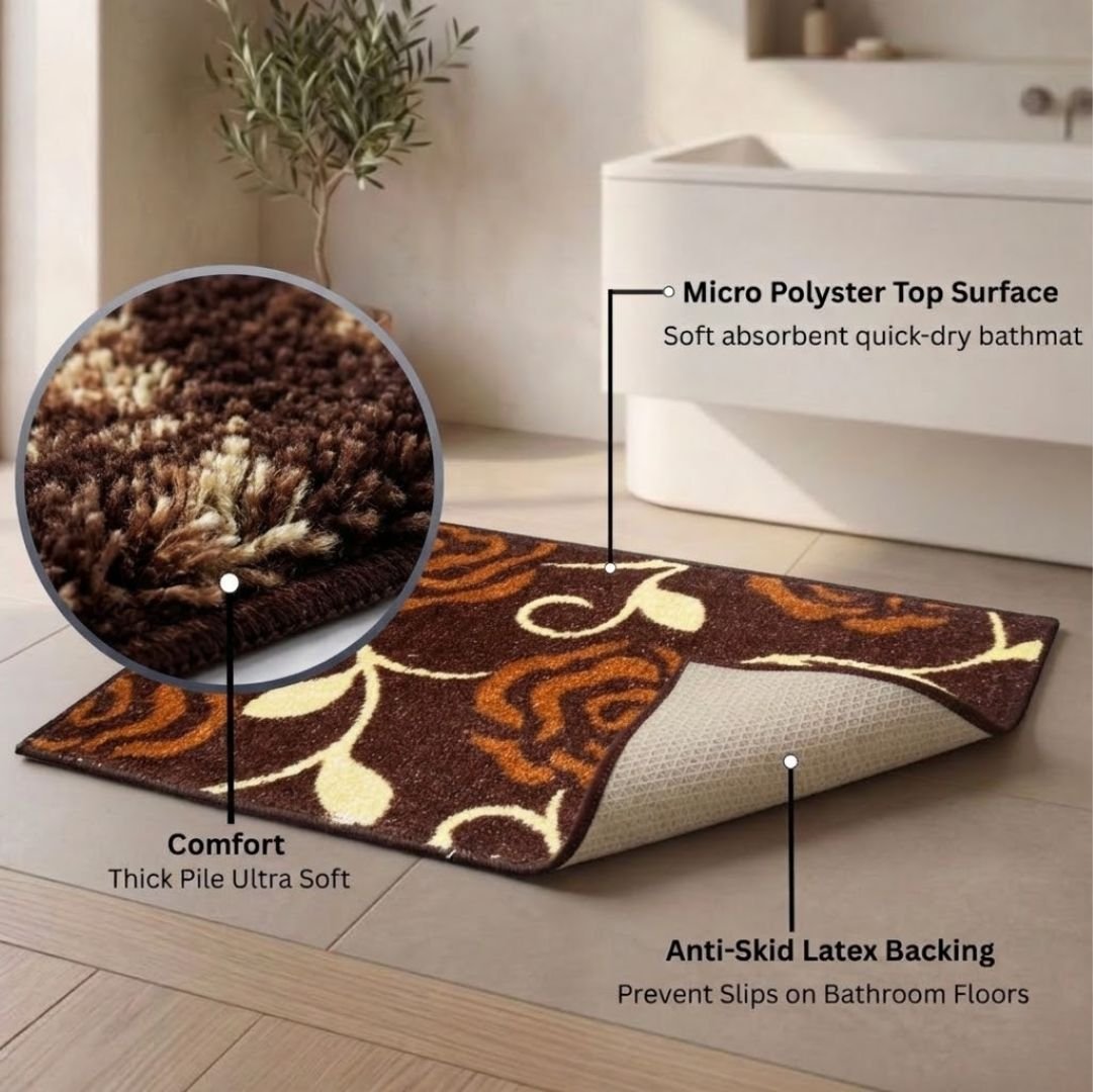 Brown Flower Micro Designer Soft Anti Slip Bath Mat by Athom Living - Athom Living