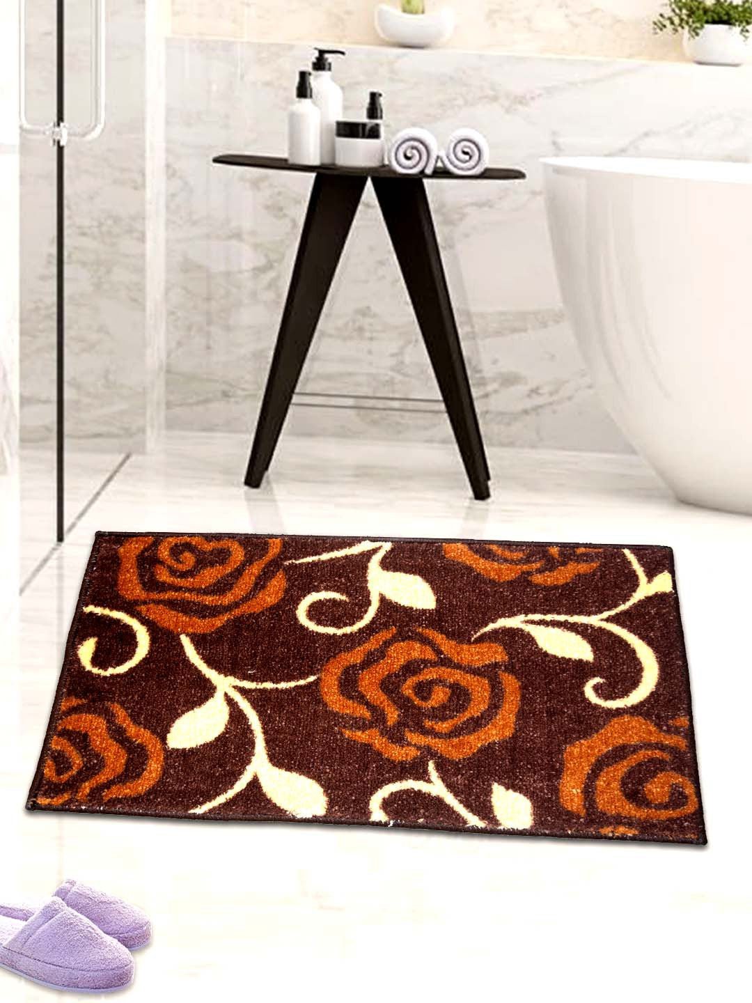 Brown Flower Micro Designer Soft Anti Slip Bath Mat by Athom Living - Athom Living