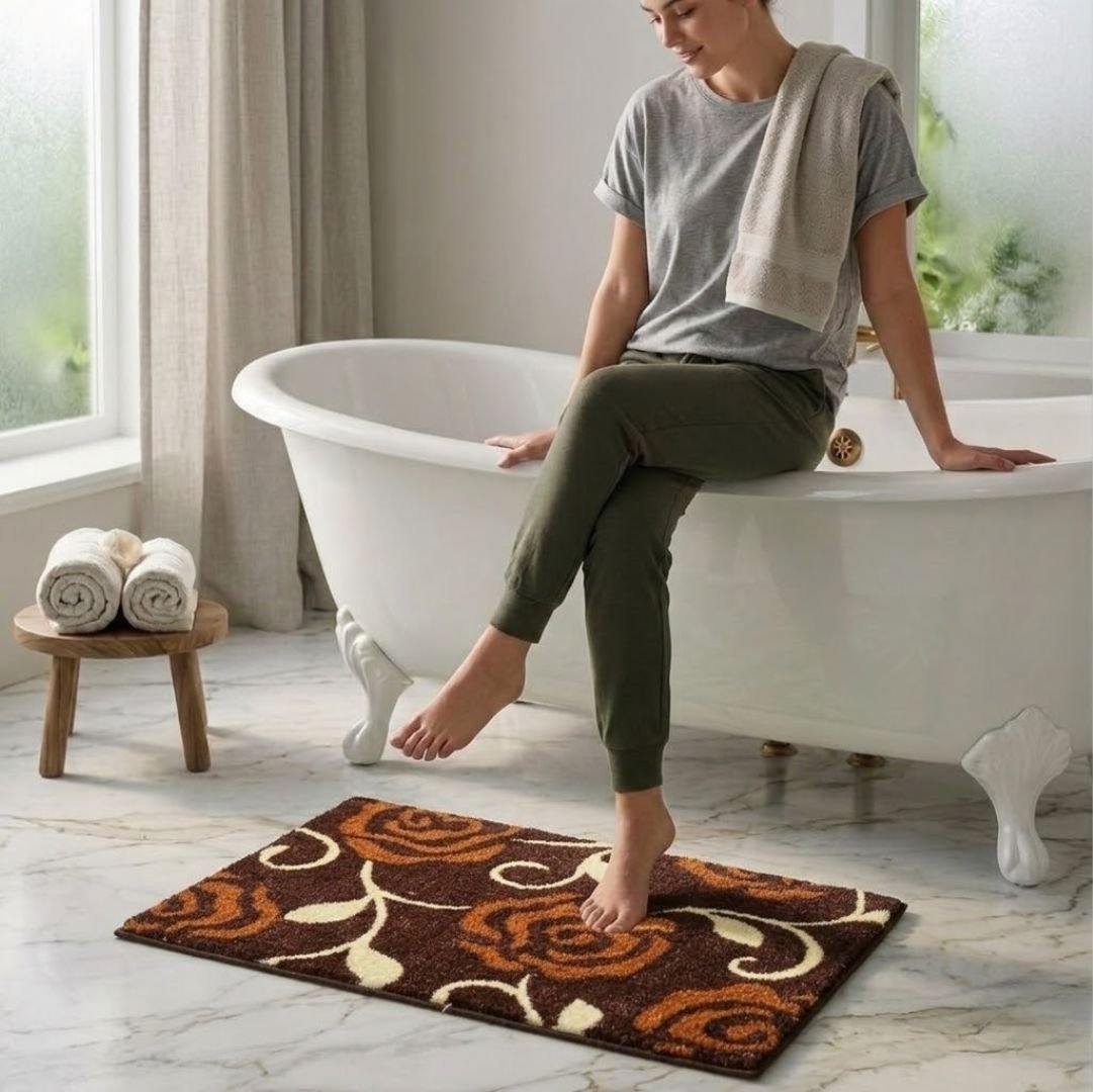 Brown Flower Micro Designer Soft Anti Slip Bath Mat by Athom Living - Athom Living