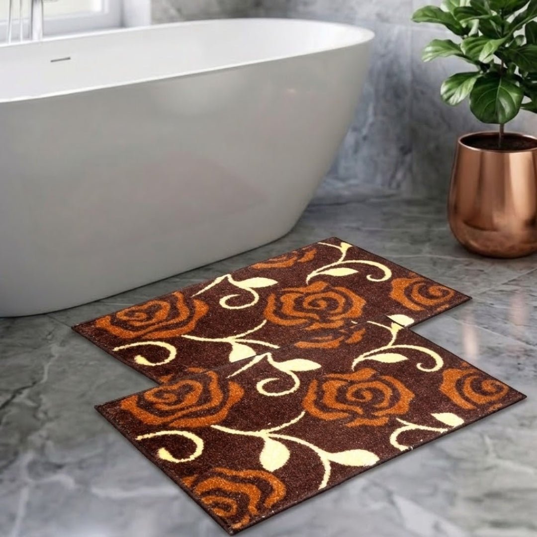 Brown Flower Micro Designer Soft Anti Slip Bath Mat Set of 2 by Athom Living - Athom Living