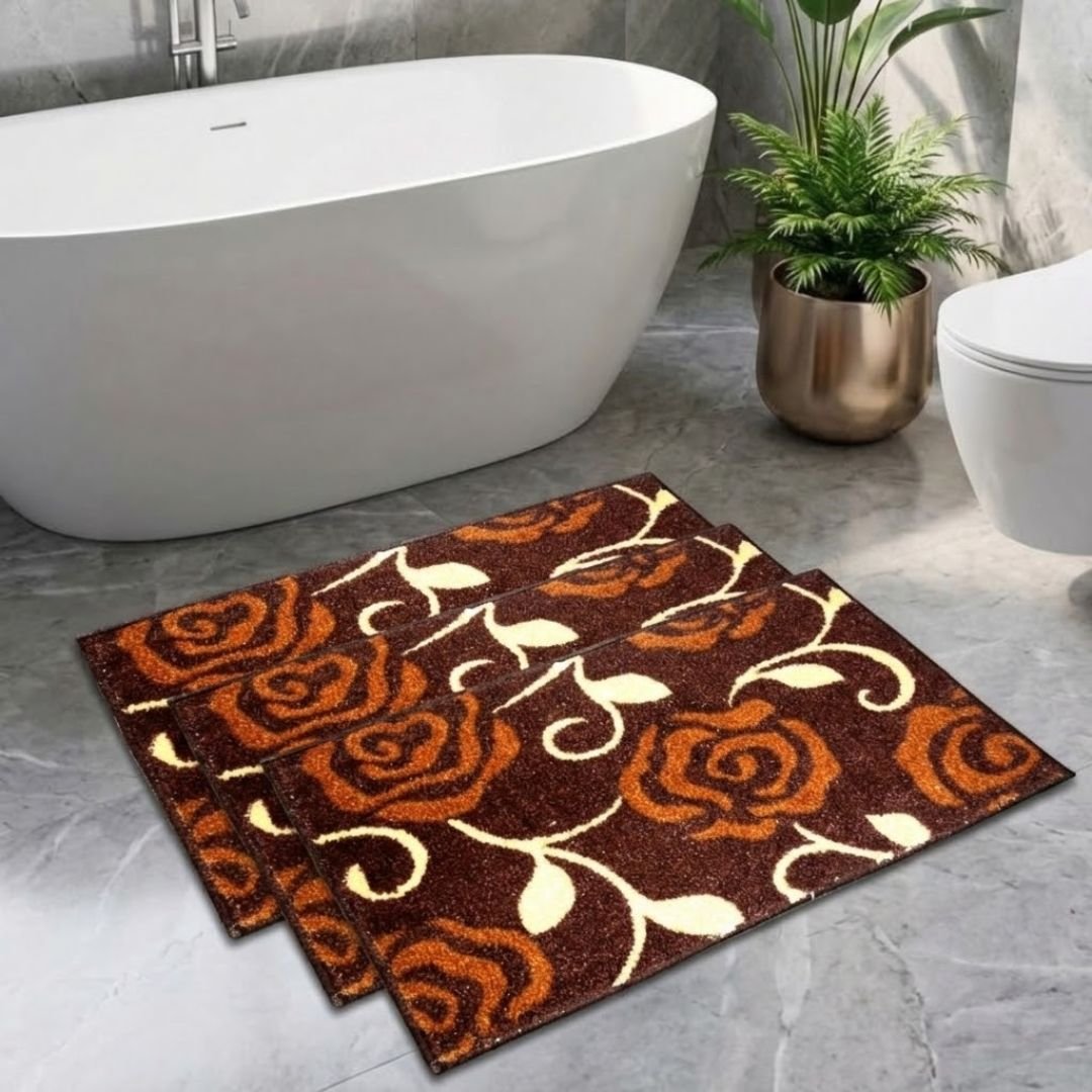 Brown Flower Micro Designer Soft Anti Slip Bath Mat Set of 3 by Athom Living - Athom Living