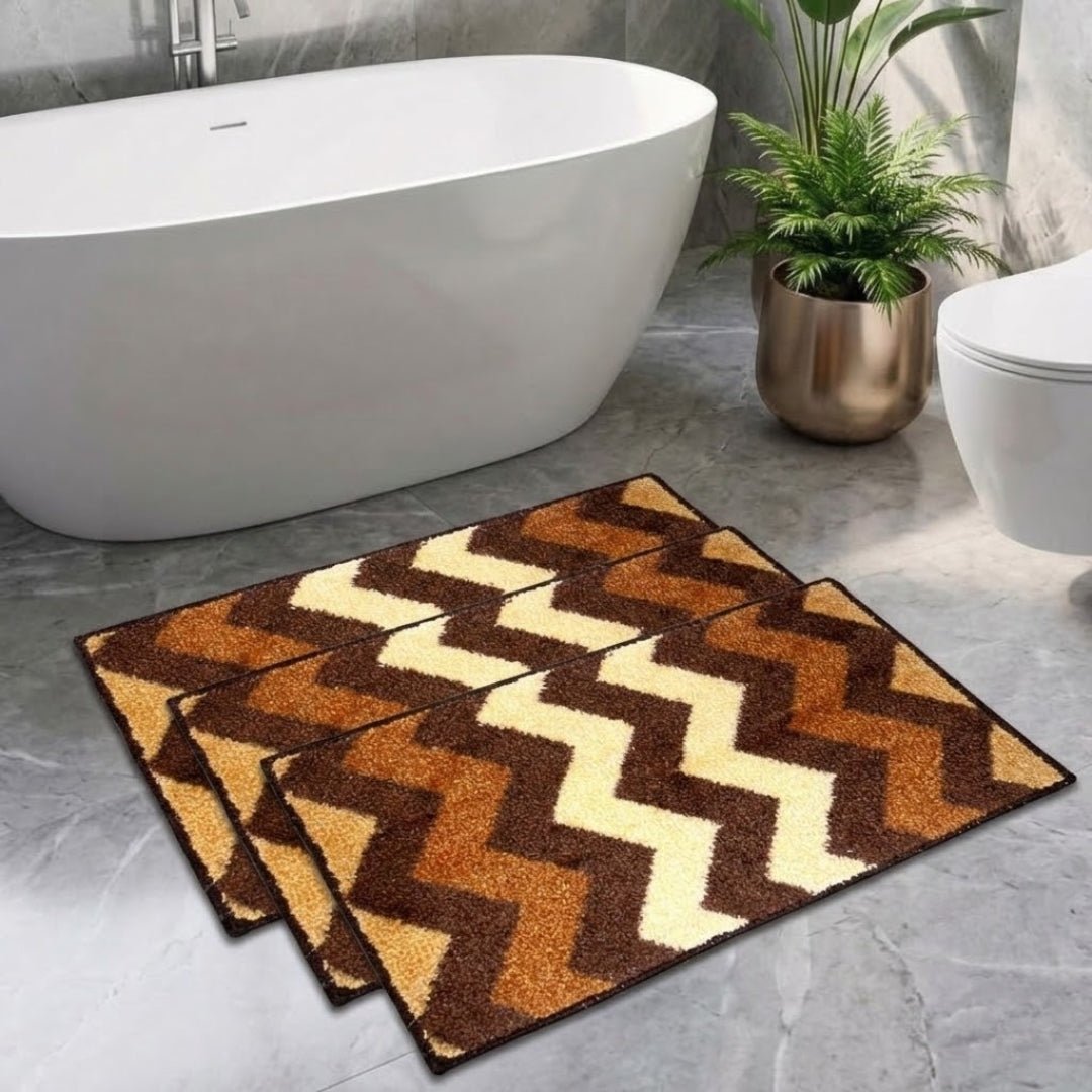 Brown Striped Soft Anti - Slip Bath Mat Set of 3 by Athom Living - Athom Living