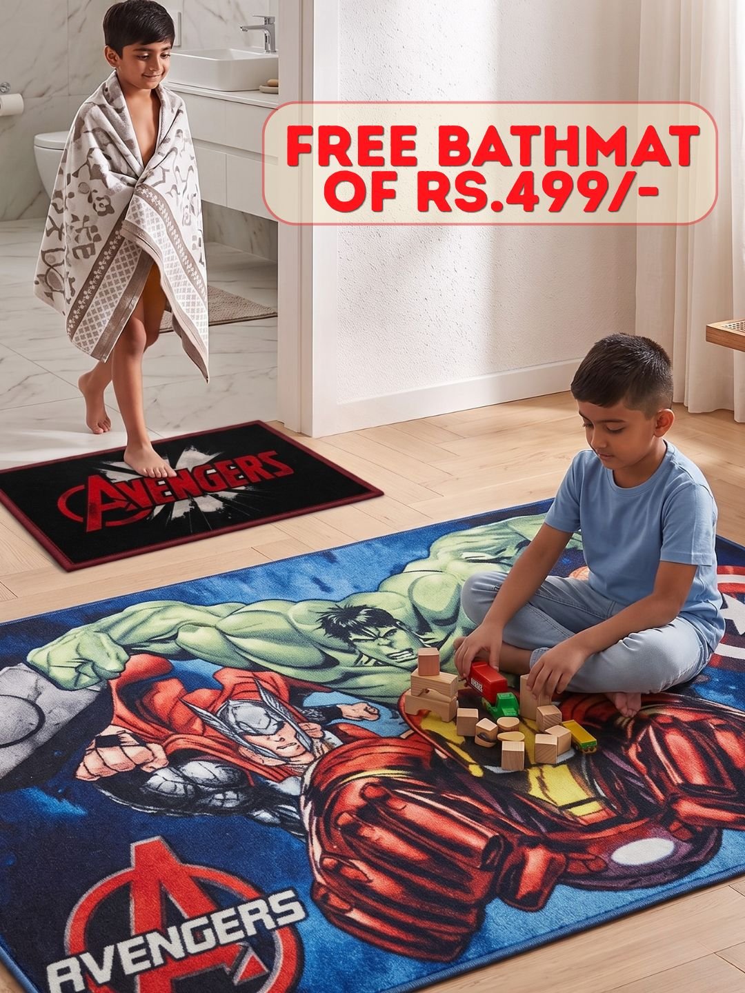 Buy Kids Avengers Carpet and Get Kids Avengers Bathmat Free | Blue & Black - Athom Living