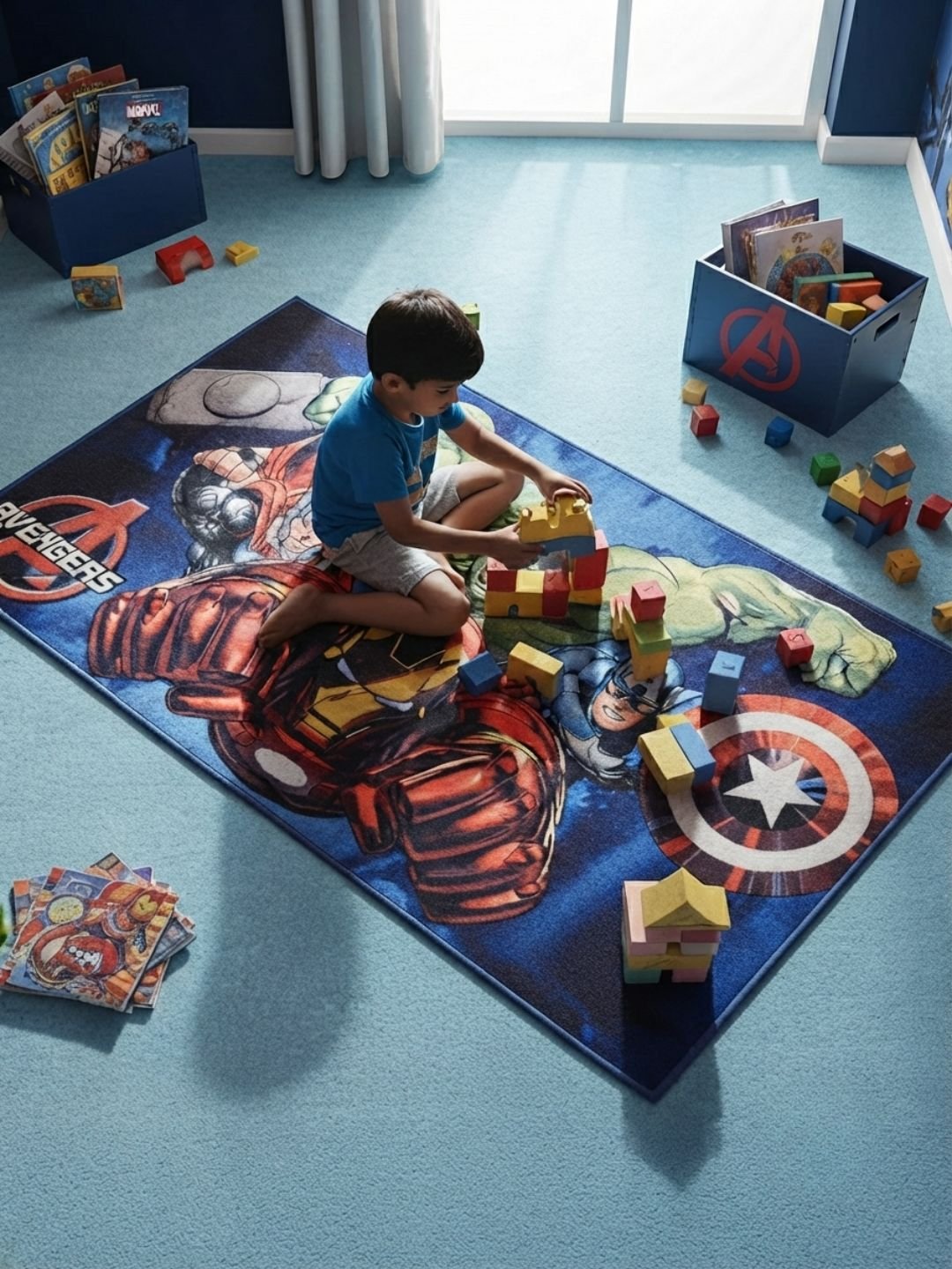 Buy Kids Avengers Carpet and Get Kids Avengers Bathmat Free | Blue & Black - Athom Living