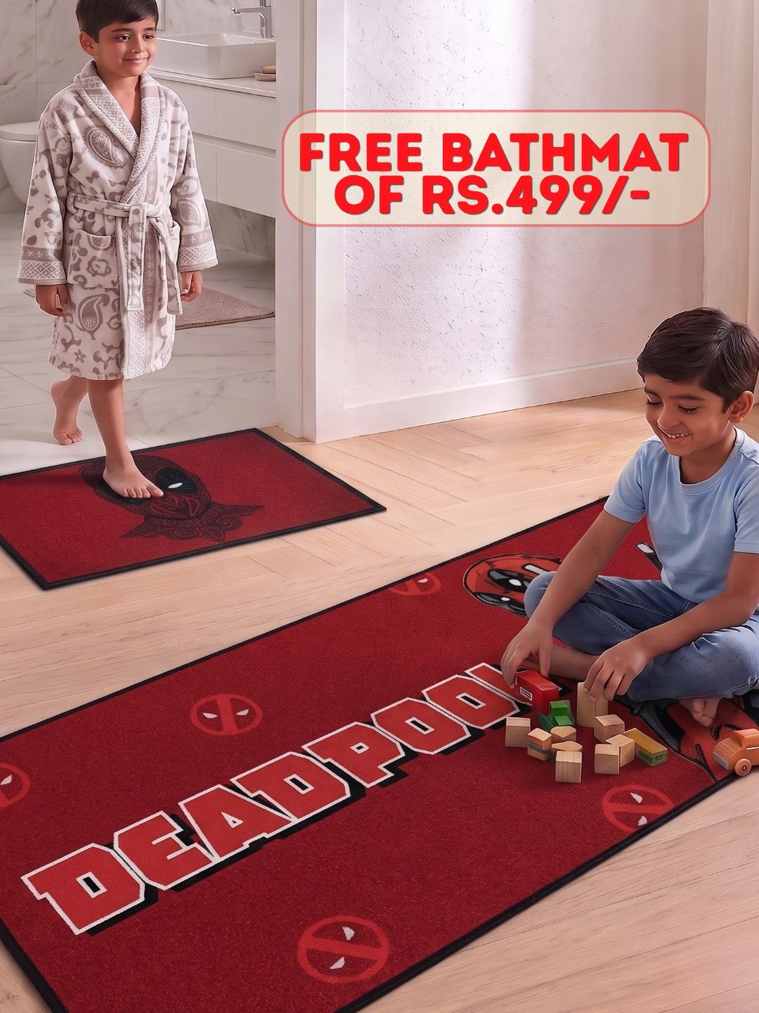 Buy Kids Deadpool Runner Carpet and Get Kids Deadpool Bathmat Free| Red - Athom Living