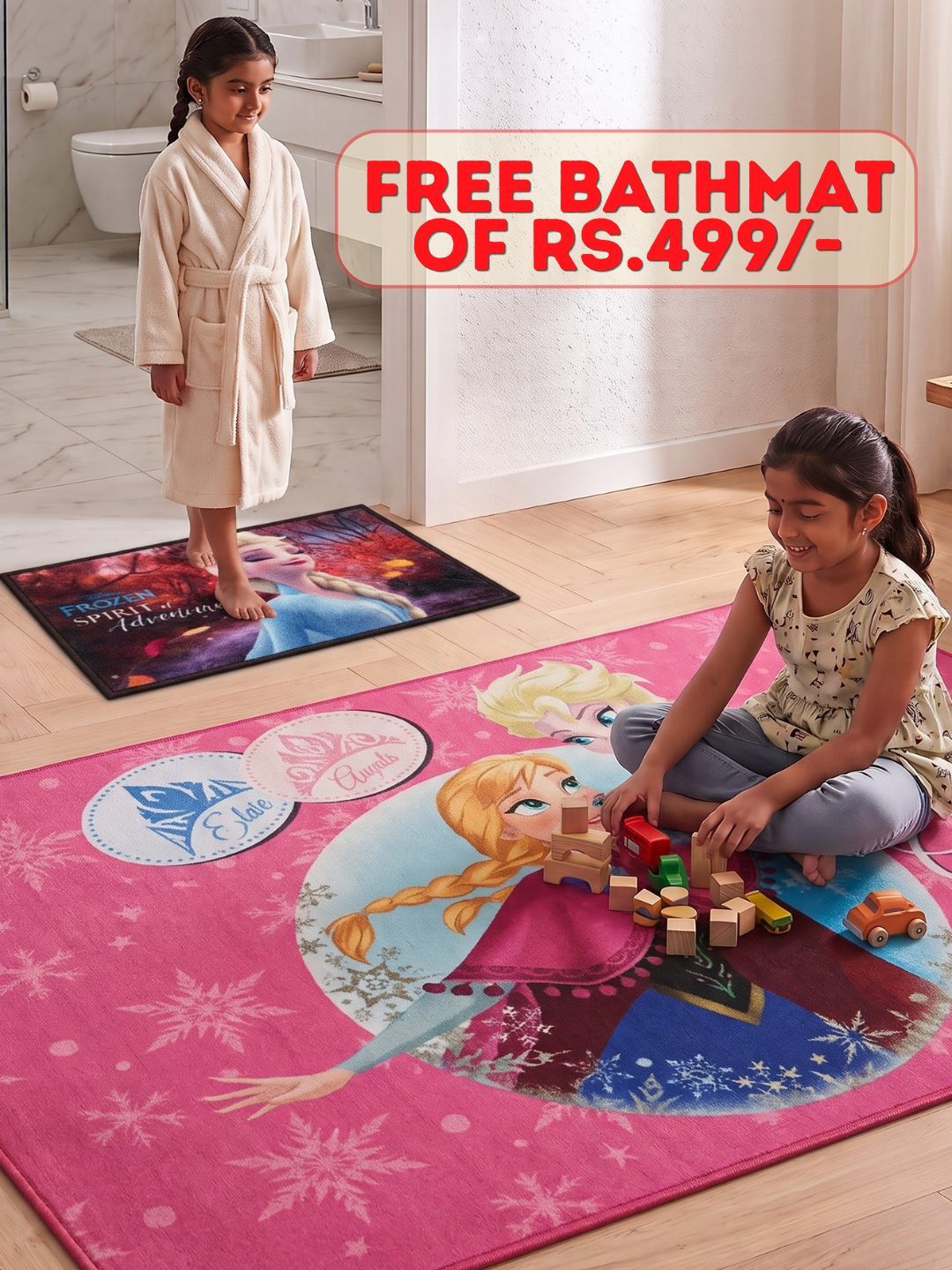 Buy Kids Disney Frozen Carpet and Get Kids Disney Frozen Bathmat Free | Pink - Athom Living