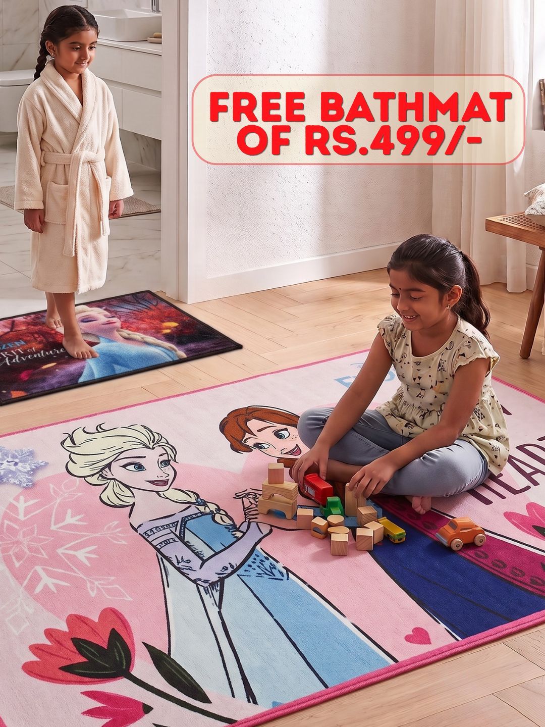Buy Kids Disney Frozen Carpet and Get Kids Disney Frozen Bathmat Free | Pink & Blue - Athom Living