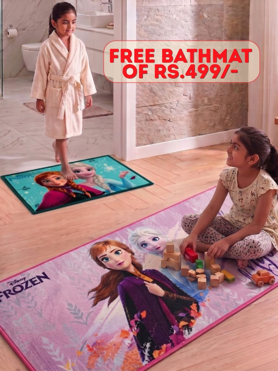 Buy Kids Disney Frozen Sisters Runner Carpet and Get Kids Frozen Sisters Bathmat Free| Pink & Blue - Athom Living