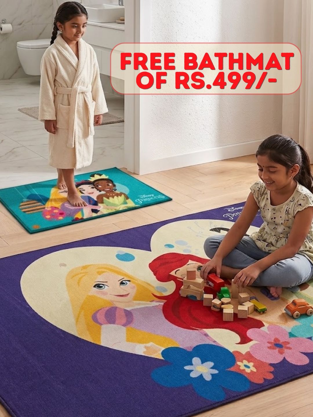 Buy Kids Disney Princess Carpet and Get Kids Disney Princess Bathmat Free | Purple & Sea Blue - Athom Living