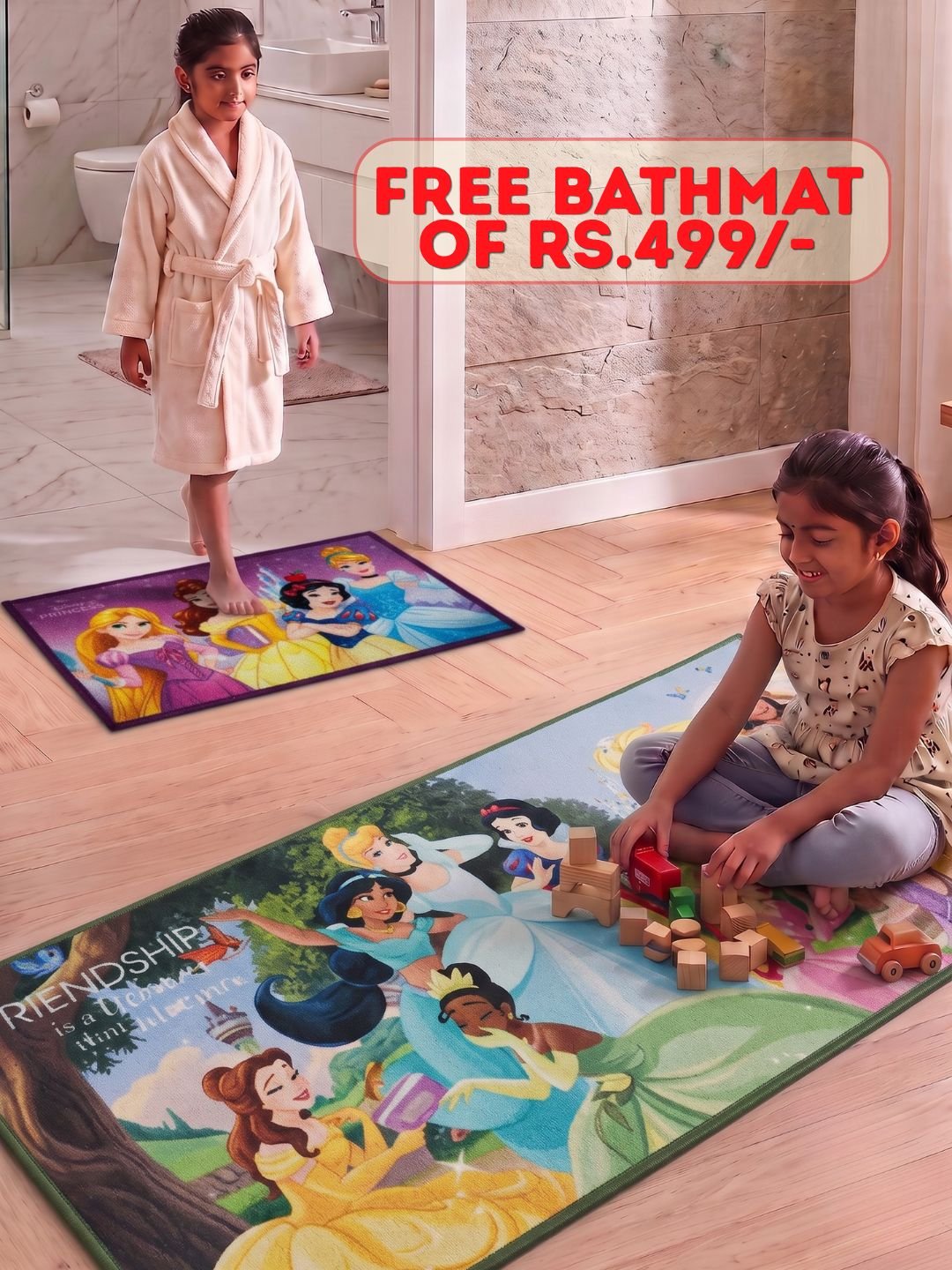 Buy Kids Disney Princess Runner Carpet and Get Kids Disney Princess Bathmat Free| Multicolor - Athom Living