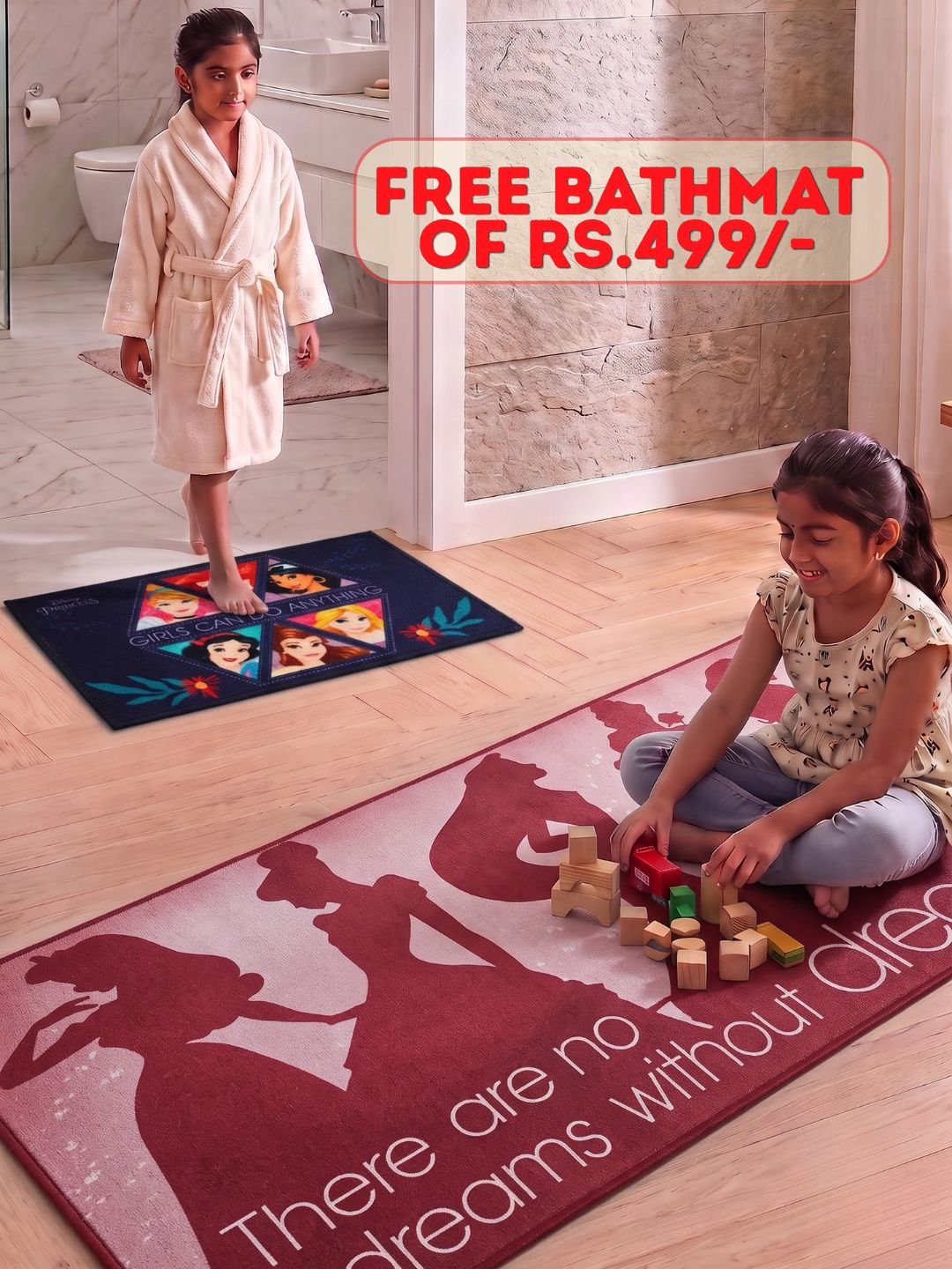 Buy Kids Disney Princess Runner Carpet and Get Kids Disney Princess Bathmat Free| Pink & Blue - Athom Living