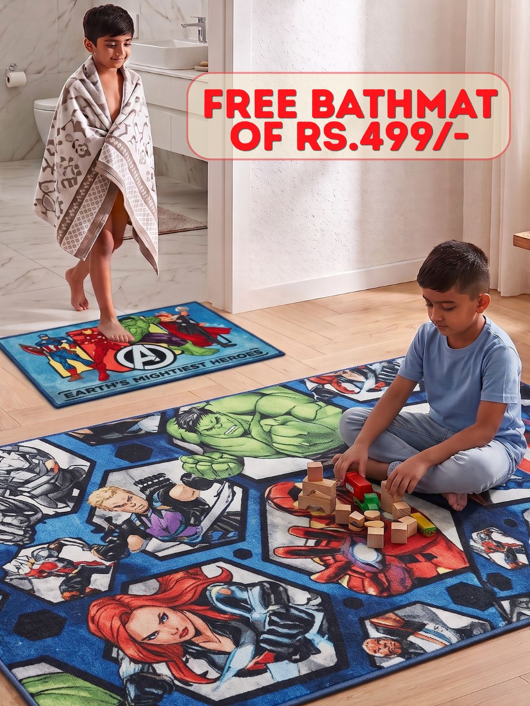 Buy Kids Marvel Avengers Carpet and Get Kids Avengers Bathmat Free | Multicolor - Athom Living