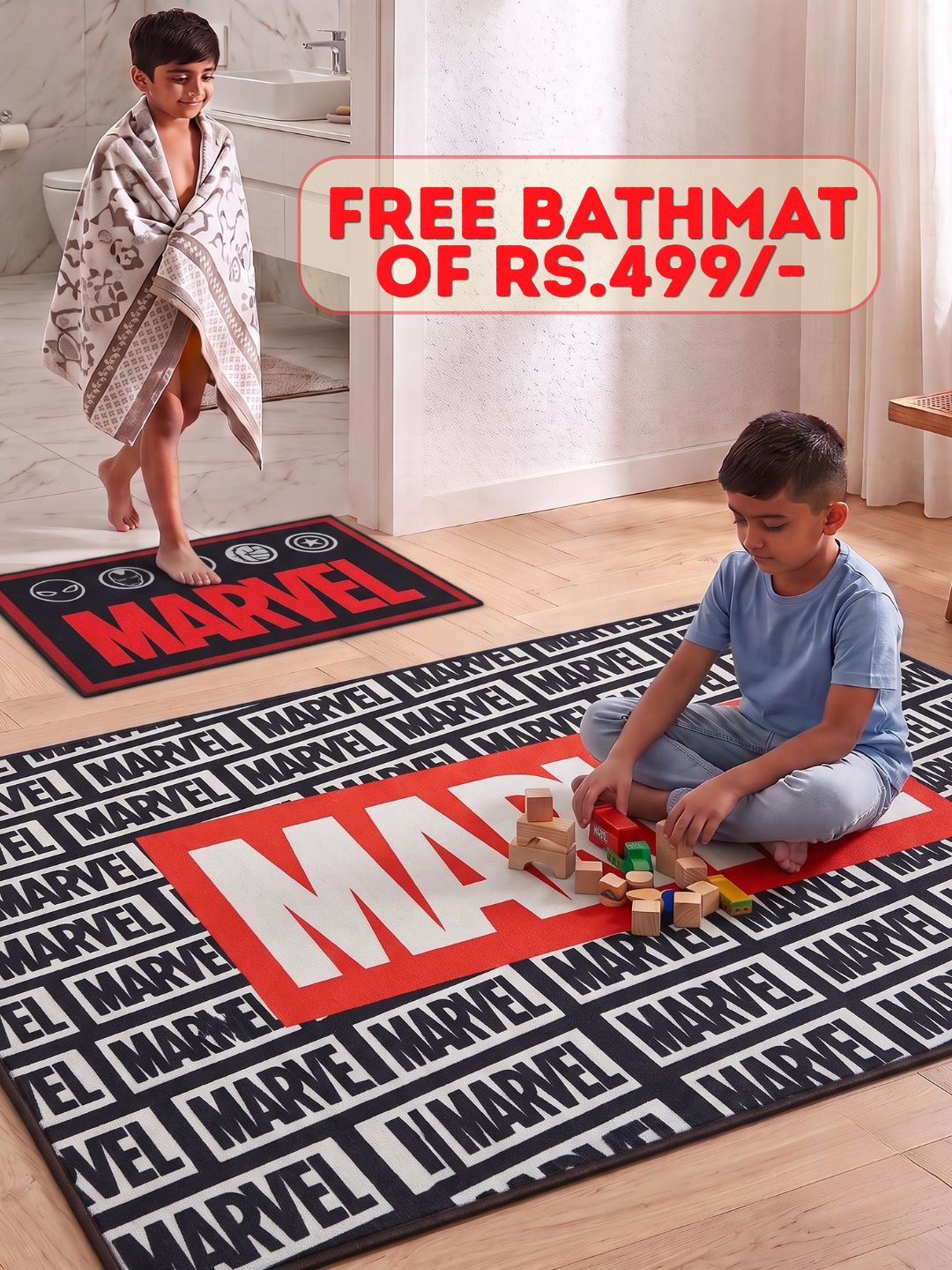 Buy Kids Marvel Carpet and Get Kids Marvel Bathmat Free | Black & Red - Athom Living