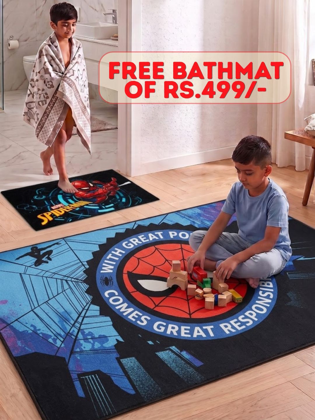 Buy Kids Marvel Carpet and Get Kids Marvel Bathmat Free | Multicolor - Athom Living