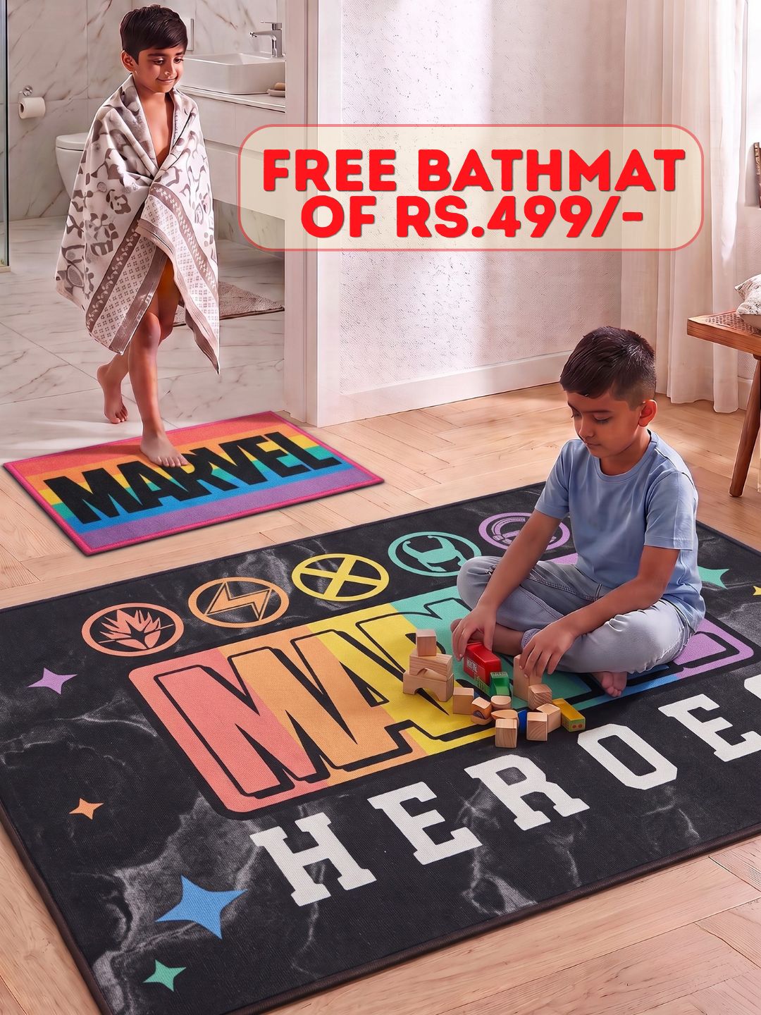 Buy Kids Marvel Carpet and Get Kids Marvrl Bathmat Free | Multicolor - Athom Living